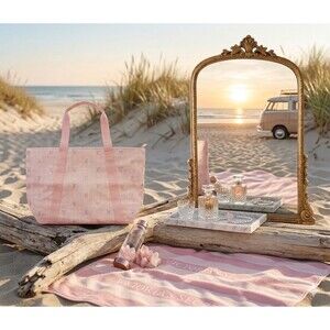 Victoria’s Secret Tote Bag Pink Striped Silver Crown Print Large NWT Carryall